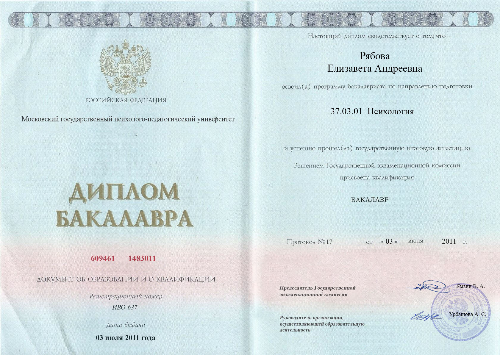 документы об образовании Елизавета Андреевна Рябова